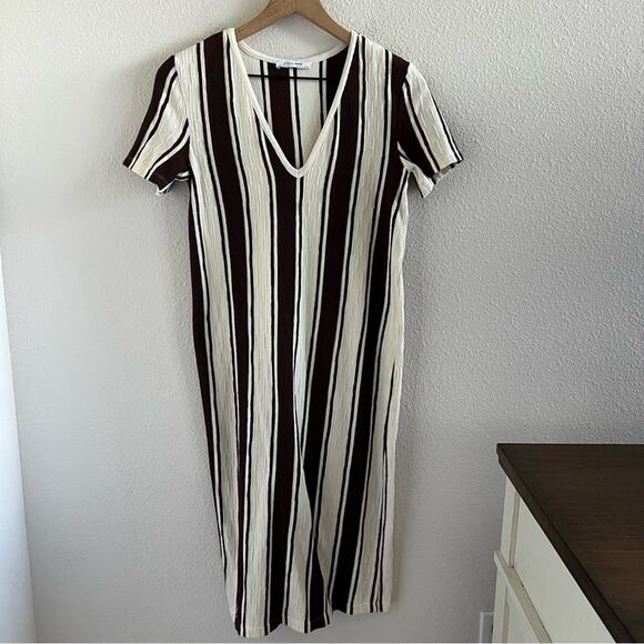 Zara Trafaluc Vertical Striped Dress Y2K V Neck Cream Brown Small - Picture 1 of 6